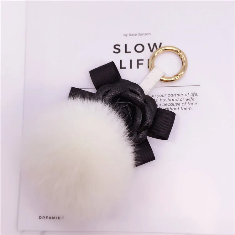 Creative Bow Camellia Key Chain Bag Pendant Ladies Fox Fur Ball Key Ring Fashion Charm Pendant Luxury Keychain 2021