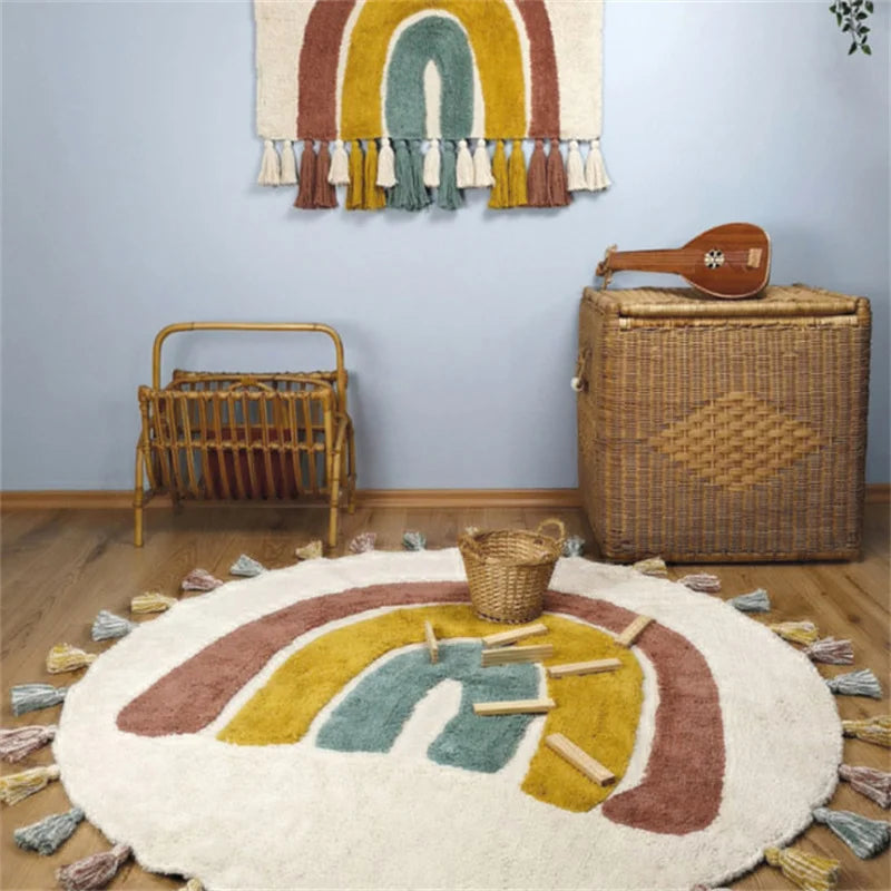 Rainbow Tassel Rugs Kids Room Floor Carpet Thick Girl Boy Room Rugs Anti-Slip Mat Bedroom Bedside Children Game Crawling Mat