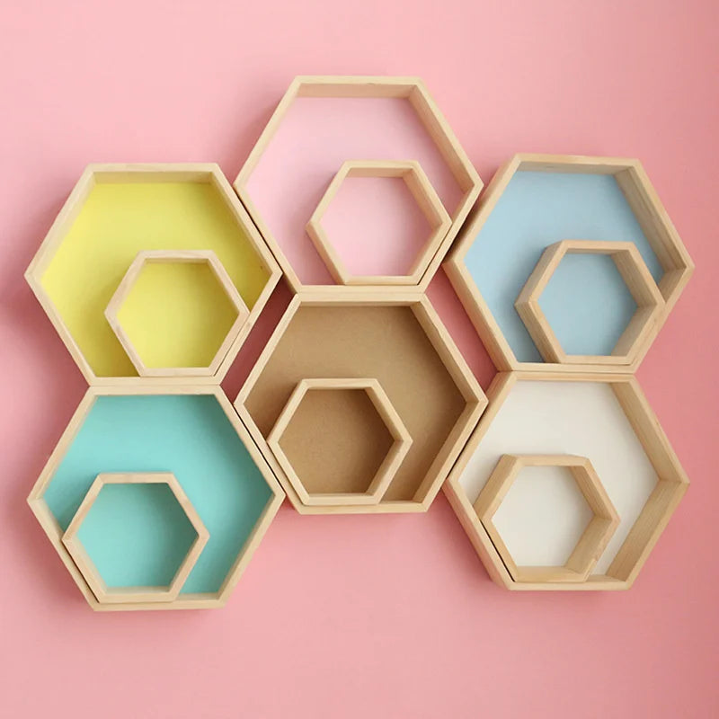 Nordic Wood Hexagon Wall DecorationKids Bedroom Candy Organization Hanger Photography Props Shelves Storage Decor Polygon Box