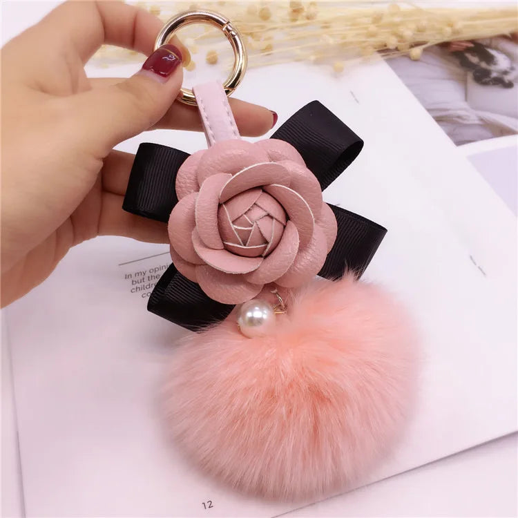 Creative Bow Camellia Key Chain Bag Pendant Ladies Fox Fur Ball Key Ring Fashion Charm Pendant Luxury Keychain 2021