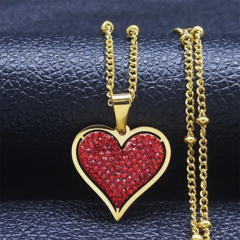 Fashion Love Red Heart Stainless Steel Crystal Charm Necklace Gold Color Small Necklaces Jewelry collier coeur rouge N8047S01