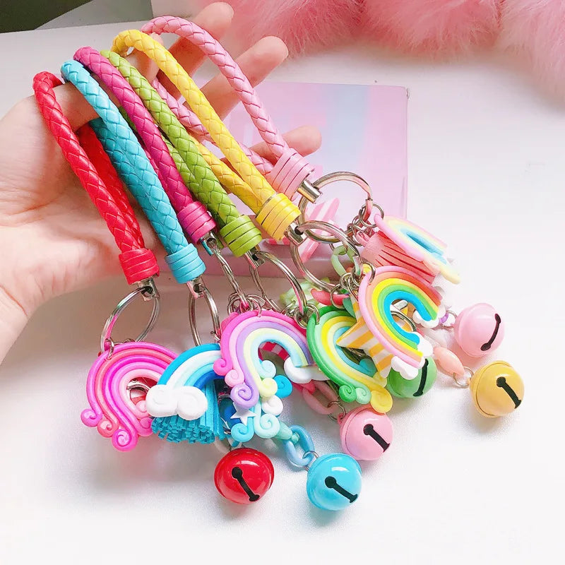 New Lovely Cute Rainbow Key Chain Leather Strap Braided Rope Tassel Keychain for Women Girl Bell Star Lollipop Bag Accessories