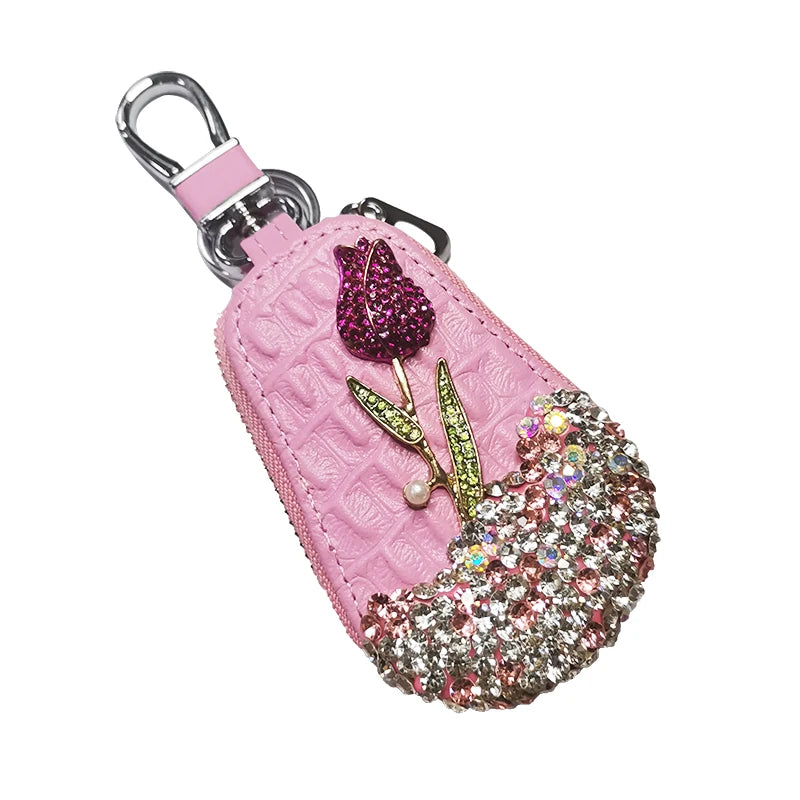 1 Pcs Flower Car Key Holder Storage Case Crystal Diamond Keychains Key Cover Remote Key Bag for BMW Lada Interior Accessories