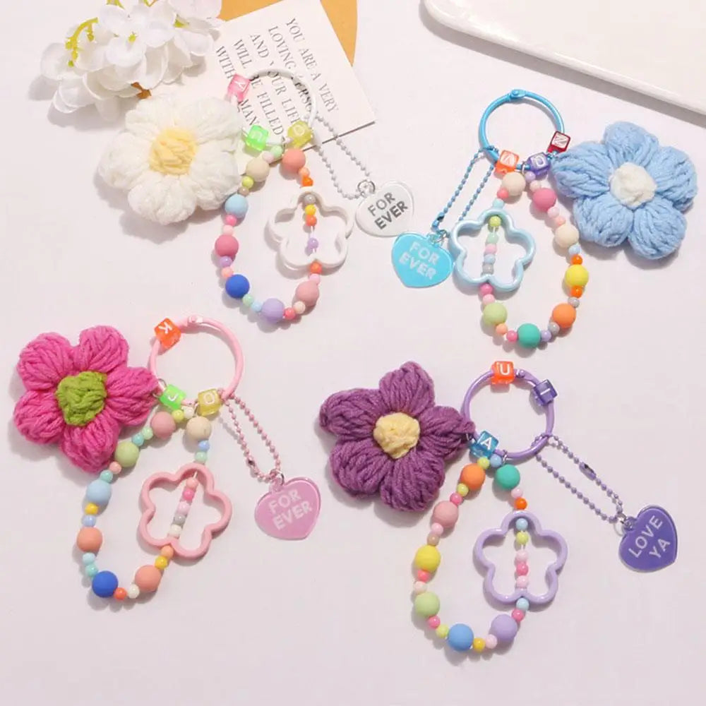 Cartoon Wool Knitted Flowers Key Chains Beaded Wristlet Lanyard Bracelet Keyring For Women Girl Bag Pendant Charms Keychain Gift