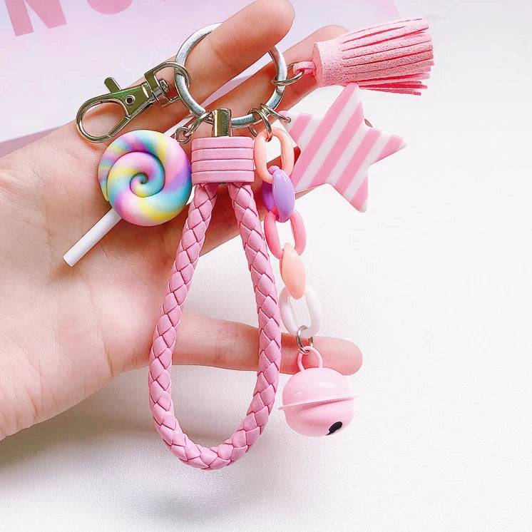 New Lovely Cute Rainbow Key Chain Leather Strap Braided Rope Tassel Keychain for Women Girl Bell Star Lollipop Bag Accessories