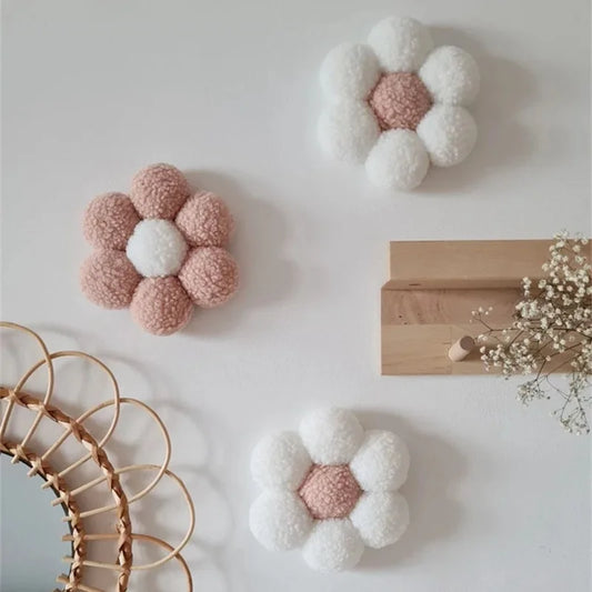 INS Boho Handmade Macrame Daisy Flower Pompom Pink Wall Decoration Nordic Yarn Sticker for Kids Room Nursery Decor Photo Props