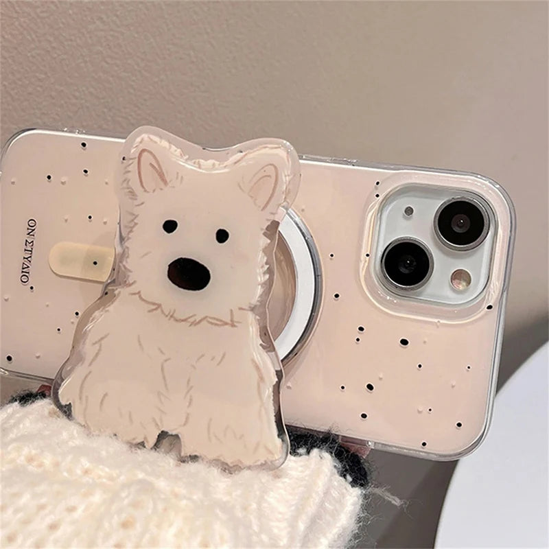 Korean Cute 3D Spring Dog Stand For Magsafe Wireless Charge Phone Case For iPhone 16 15 14 13 12 11 Pro Max 7 Plus X XR XS Cover