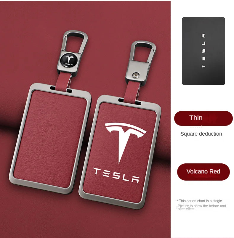 For Tesla Model 3 Y Card Case Keychain Protector Cover Holder Alloy Keychains Bag Leather Chain Prevent Loss Key Fob Metal Ring