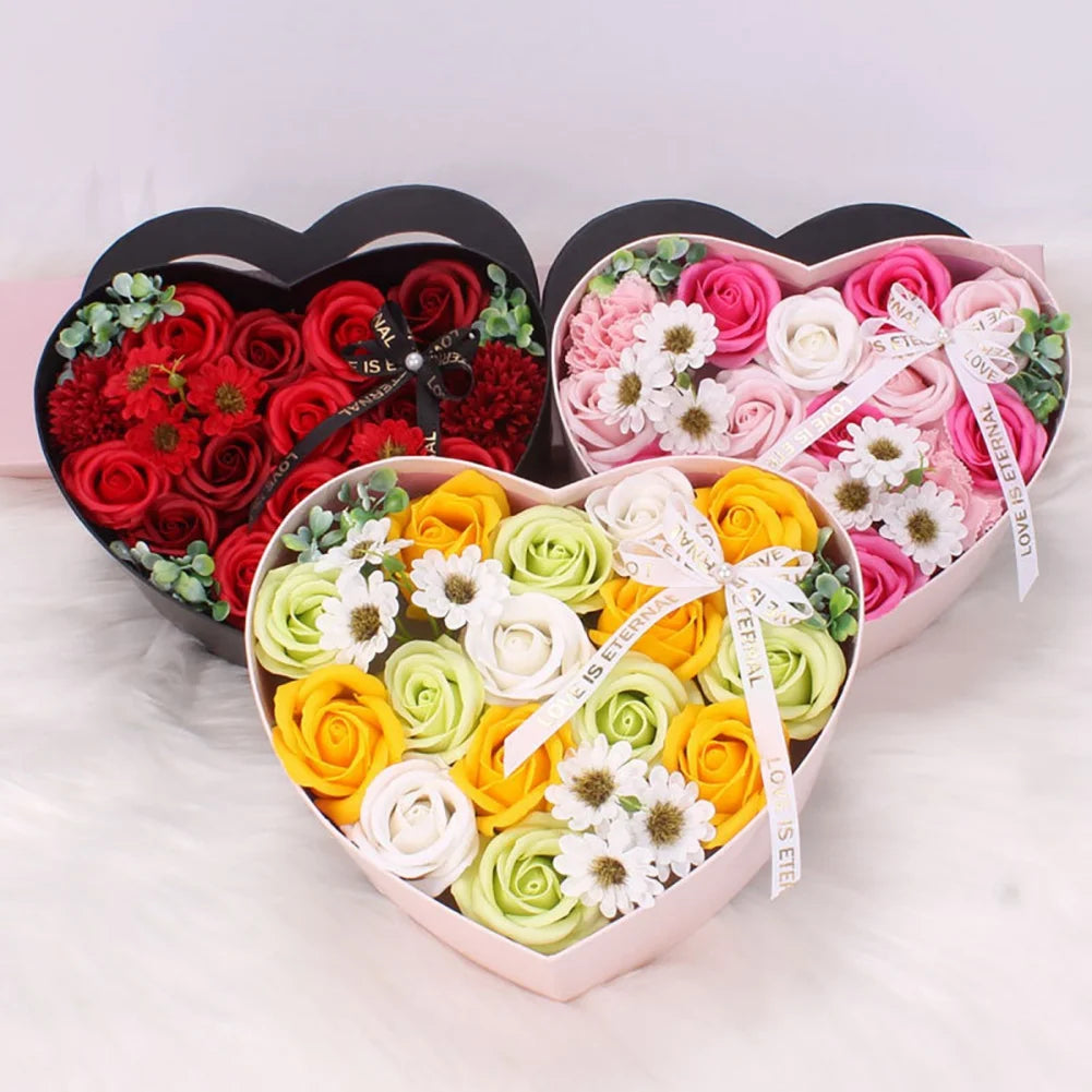 13Pcs Heart Shape Rose Gift Box Artificial Eternal Rose Bouquet Forever Red Rose Valentine Day Gift Christmas Birthday Wedding L