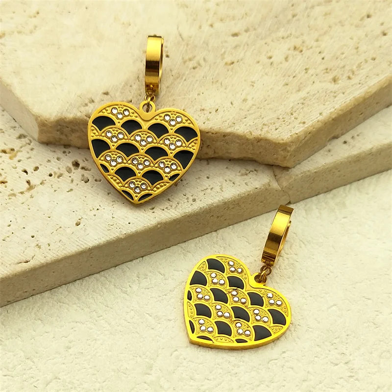 Trendy Double Love Heartbeat Heart Shape Earrings for Women Girls Enamel Stainless Steel Gold Color Gifts JewelryZZZ758-2