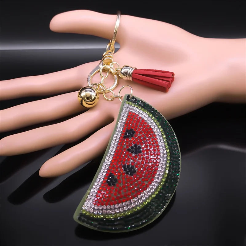 Cute Watermelon Fruits Keyrings for Women Men Gold Color Key Ring School Bag Pendant Accessories Jewelry porte clef ZZZ5110