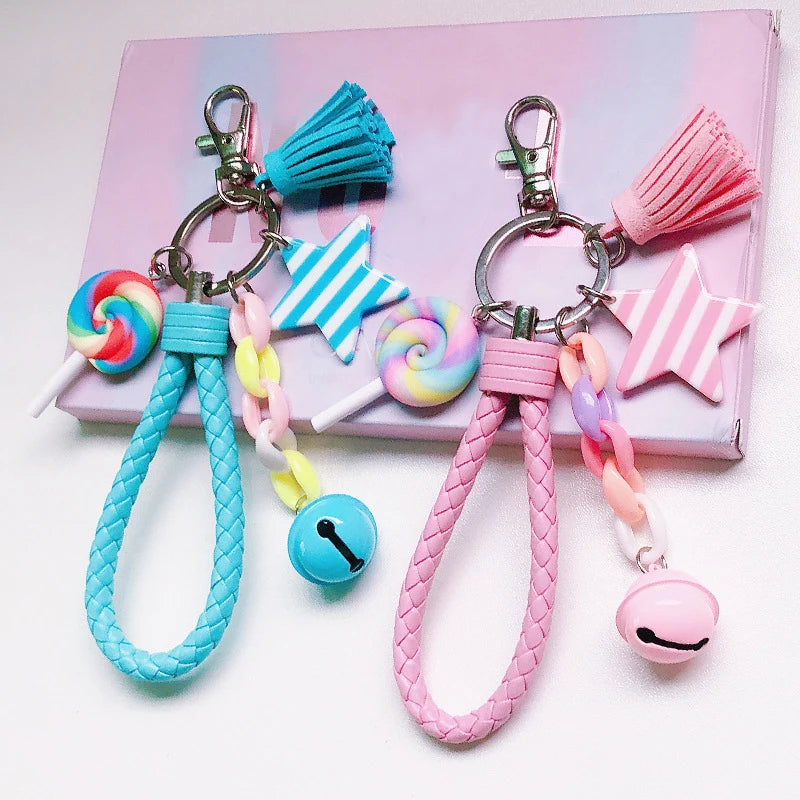 New Lovely Cute Rainbow Key Chain Leather Strap Braided Rope Tassel Keychain for Women Girl Bell Star Lollipop Bag Accessories