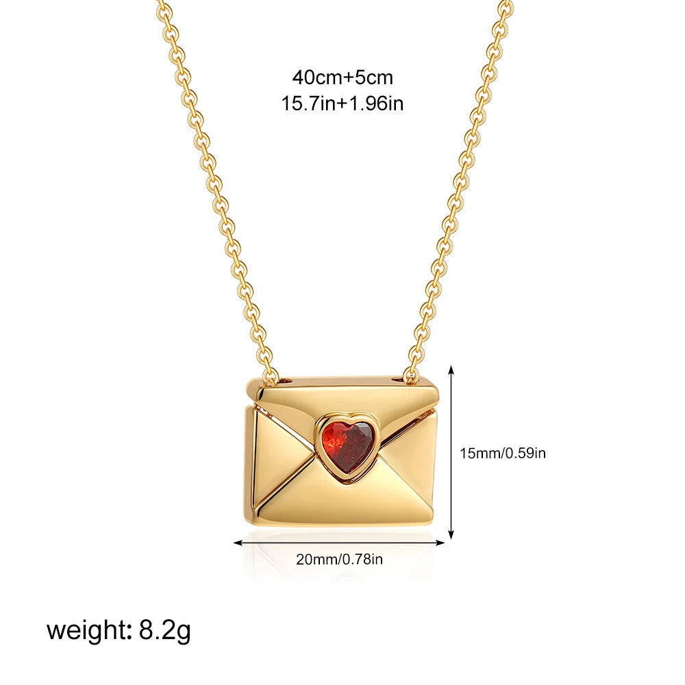 New Trendy I Love You Letter Envelope Shape Pendant Necklace Stainless Steel Red Zicron Necklace Jewelry Valentine Day Gifts