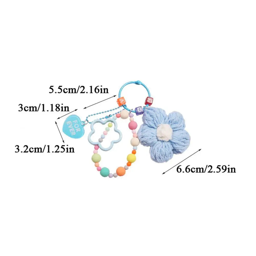 Cartoon Wool Knitted Flowers Key Chains Beaded Wristlet Lanyard Bracelet Keyring For Women Girl Bag Pendant Charms Keychain Gift