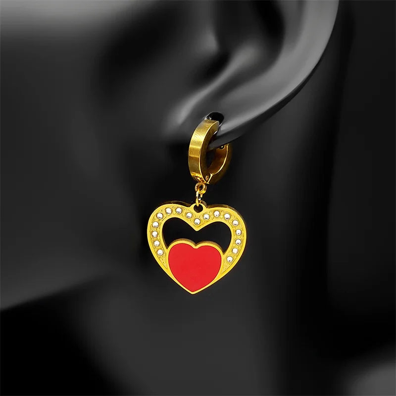 Trendy Double Love Heartbeat Heart Shape Earrings for Women Girls Enamel Stainless Steel Gold Color Gifts JewelryZZZ758-2