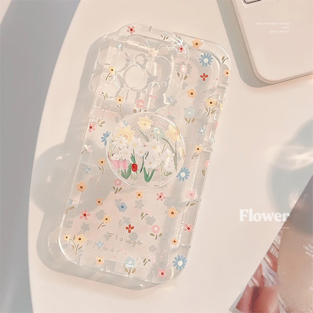 Cute Flower Holder Phone Case For iPhone 15 Pro Max 14 13 12 11 15 16 XR X XS 7 8 Plus Circular bracket Floral Clear Soft Cover