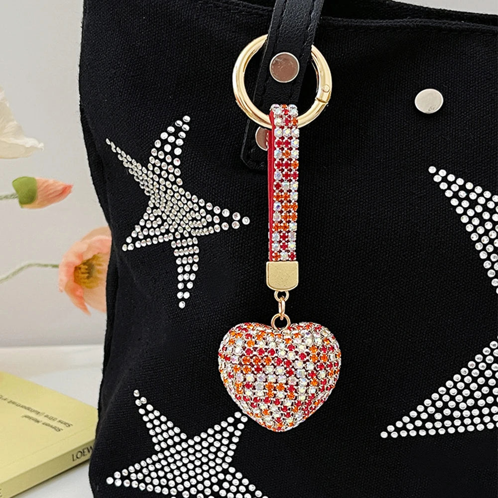 Light Luxury Multi-color Love Heart Keychain Full Rhinestone Alloy Key Rings Women Handbag Pendant Creative Key Chains Gift