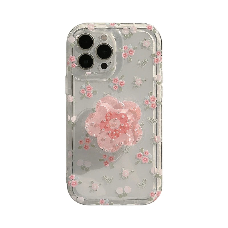 Cute Quicksand Pink Flower Holder Phone Case For iPhone 16 15 14 13 12 11 Pro Max XR X XS 7 8 Plus Stand Floral Clear Soft Cover