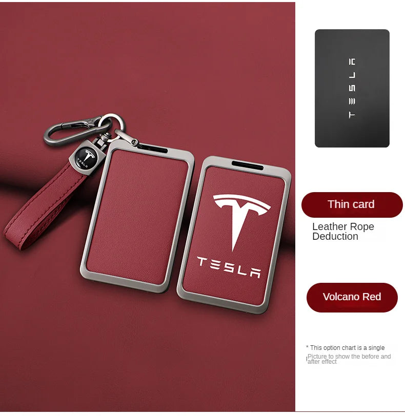 For Tesla Model 3 Y Card Case Keychain Protector Cover Holder Alloy Keychains Bag Leather Chain Prevent Loss Key Fob Metal Ring