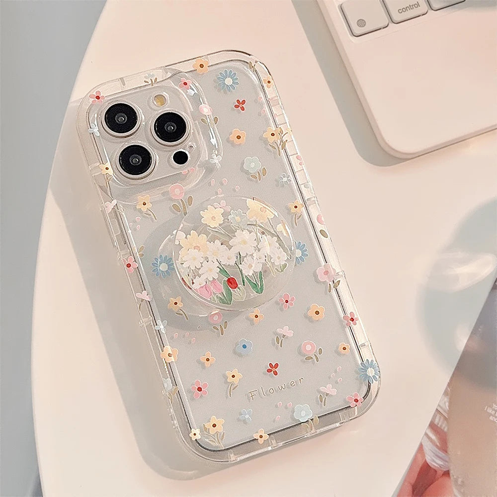 Cute Flower Holder Phone Case For iPhone 15 Pro Max 14 13 12 11 15 16 XR X XS 7 8 Plus Circular bracket Floral Clear Soft Cover