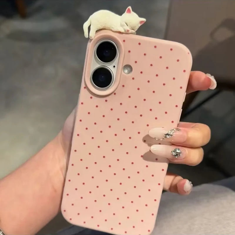 Korea Lovely Polka Dot Pattern Soft Phone Case For iPhone 16 15 14 13 12 Pro Max Plus X XR Cute 3D Cartoon Cat Shockproof Cover