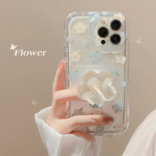 Ins Artistic Flower With Holder Phone Case For iPhone 14 13 12 11 15 16 Pro Max XR X XS 7 8 Plus Transparent Air Cushion Cover