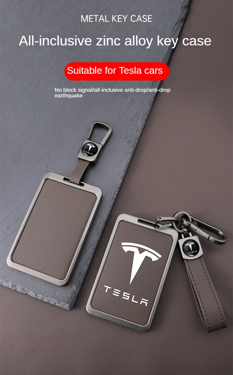 For Tesla Model 3 Y Card Case Keychain Protector Cover Holder Alloy Keychains Bag Leather Chain Prevent Loss Key Fob Metal Ring