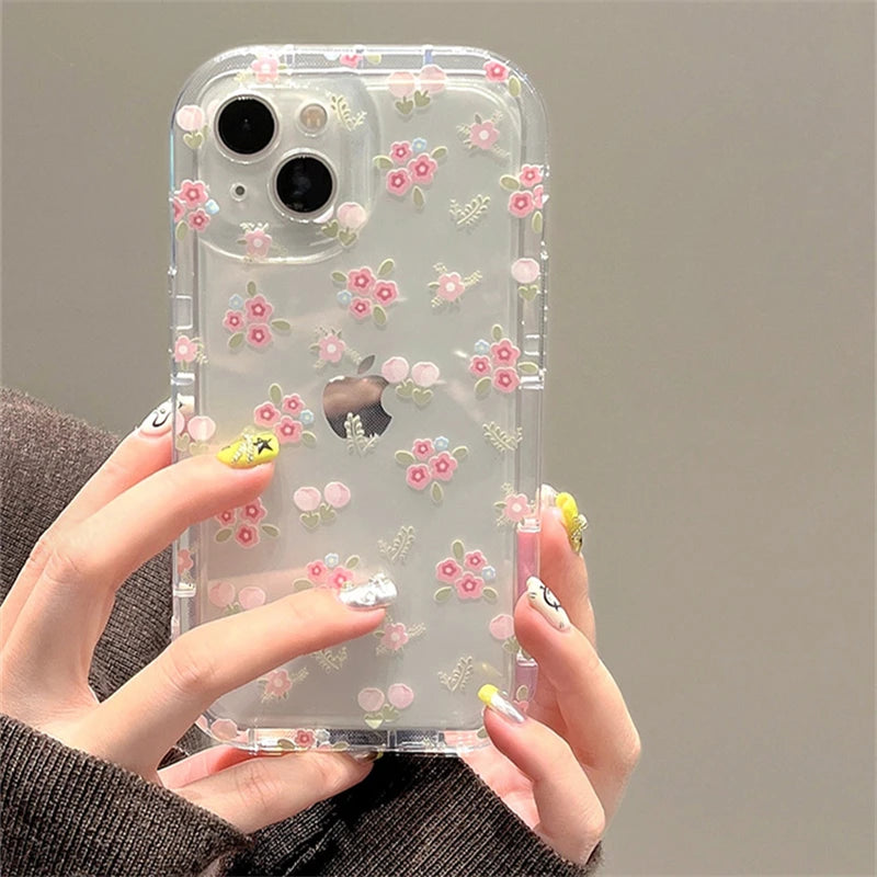 Cute Quicksand Pink Flower Holder Phone Case For iPhone 16 15 14 13 12 11 Pro Max XR X XS 7 8 Plus Stand Floral Clear Soft Cover