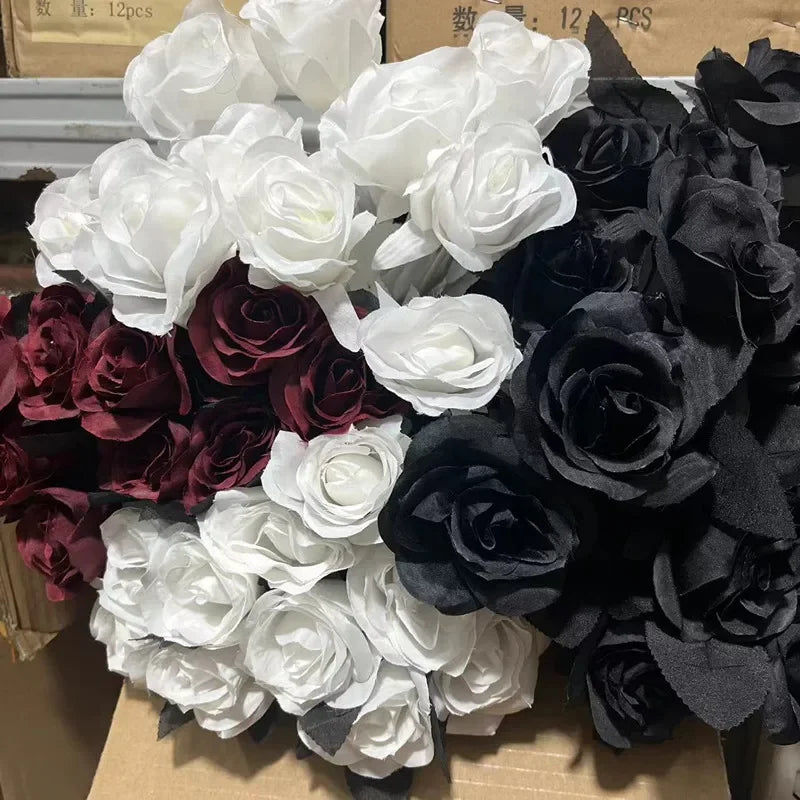 5pcs 8-9cm Silk Black Rose Artificial Flower Head Bouquet Home Living Room Wedding Chritmas Decoration New Year Decoration