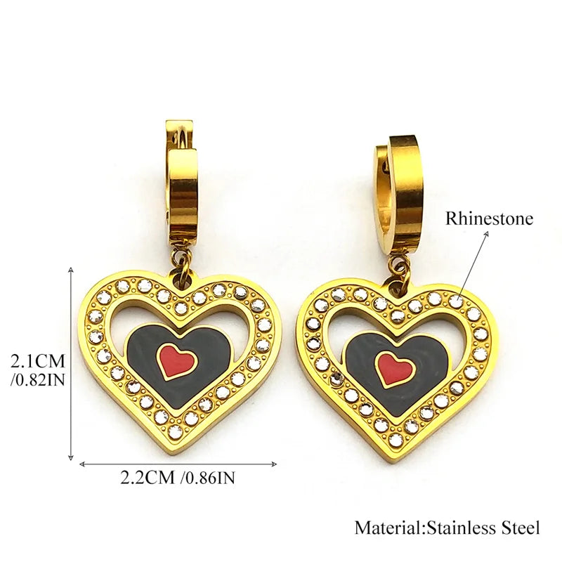 Trendy Double Love Heartbeat Heart Shape Earrings for Women Girls Enamel Stainless Steel Gold Color Gifts JewelryZZZ758-2