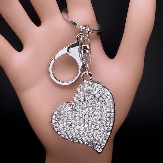 Love Heart Rhinestone Key Chain Metal Silver Color Key Ring Holder Purse Bag Pendant for Car Women Jewelry llaveros ZZZ5320