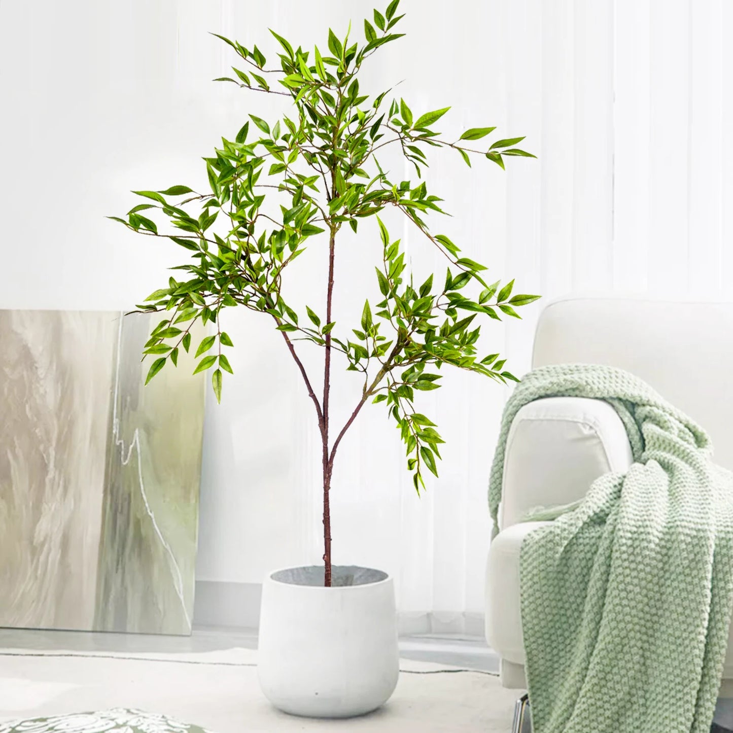 110cm (43.3 in)  Artificial Plants Fake Bamboo Tree Branch Plastic Nandina Leaves Tall Green Landscape For Home Garden Decor