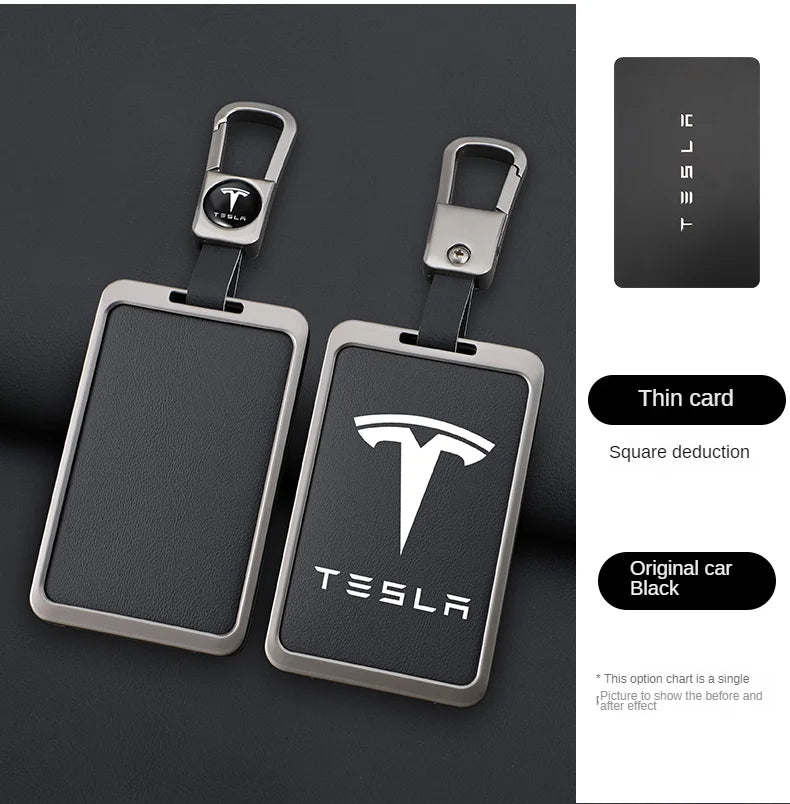 For Tesla Model 3 Y Card Case Keychain Protector Cover Holder Alloy Keychains Bag Leather Chain Prevent Loss Key Fob Metal Ring