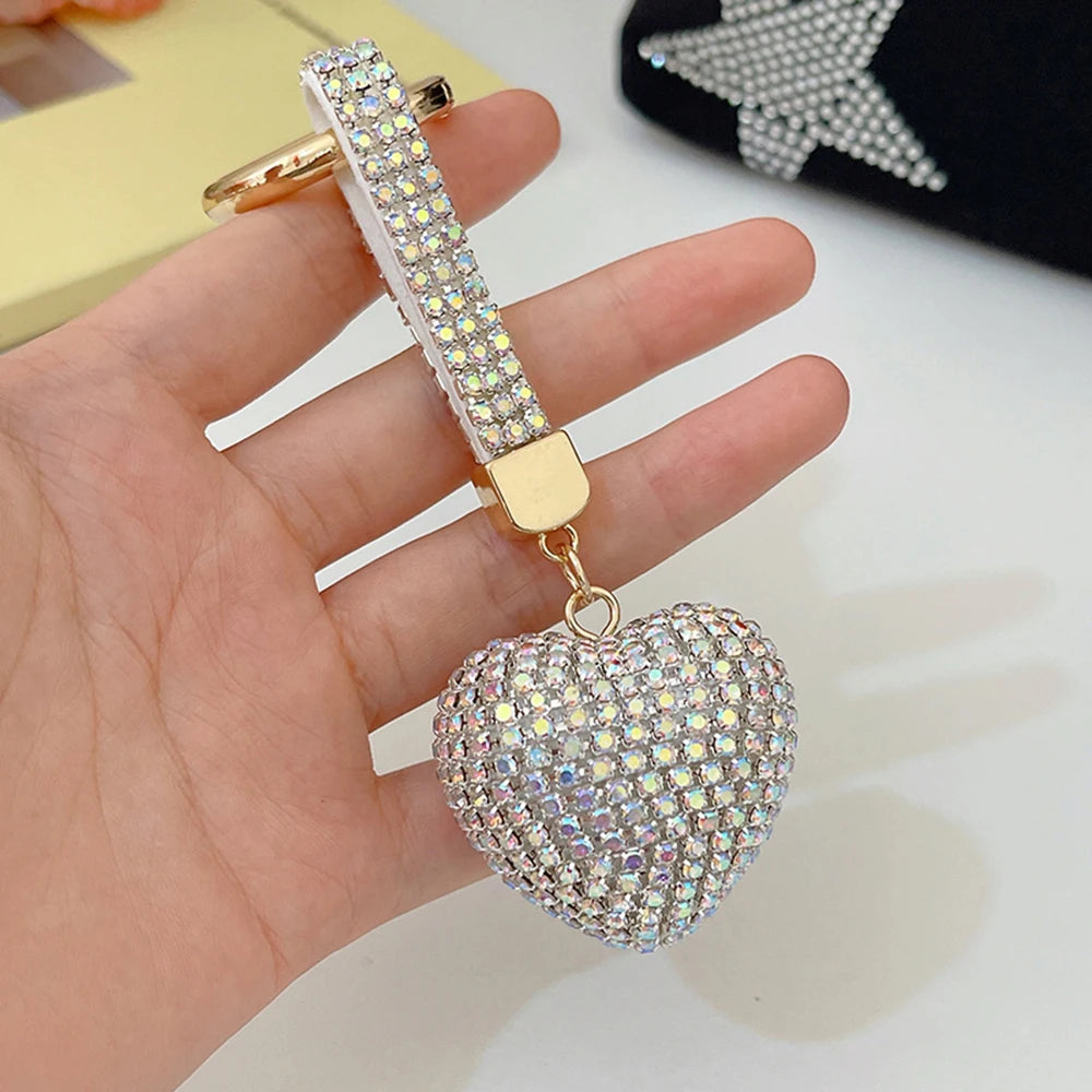 Light Luxury Multi-color Love Heart Keychain Full Rhinestone Alloy Key Rings Women Handbag Pendant Creative Key Chains Gift