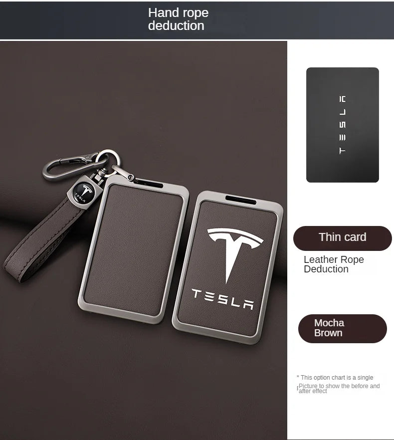 For Tesla Model 3 Y Card Case Keychain Protector Cover Holder Alloy Keychains Bag Leather Chain Prevent Loss Key Fob Metal Ring