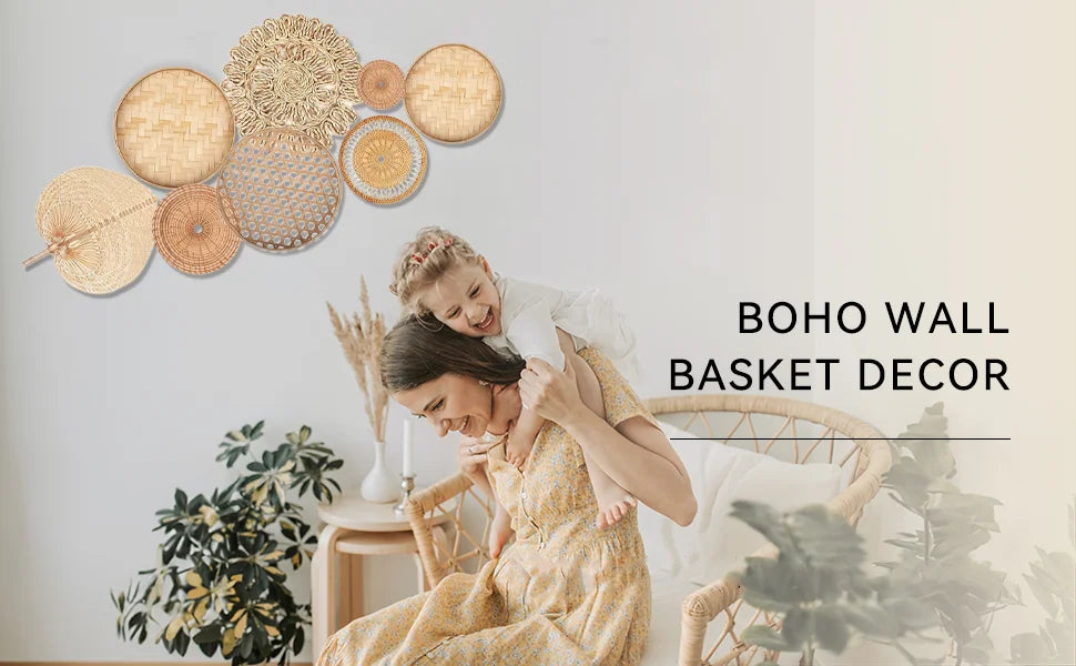 8pcs Natural Wall Basket Decor Boho Rattan Round Wall Decor Handmade Farmhouse Wall Hanging Decor for Bedroom Living Baby Room