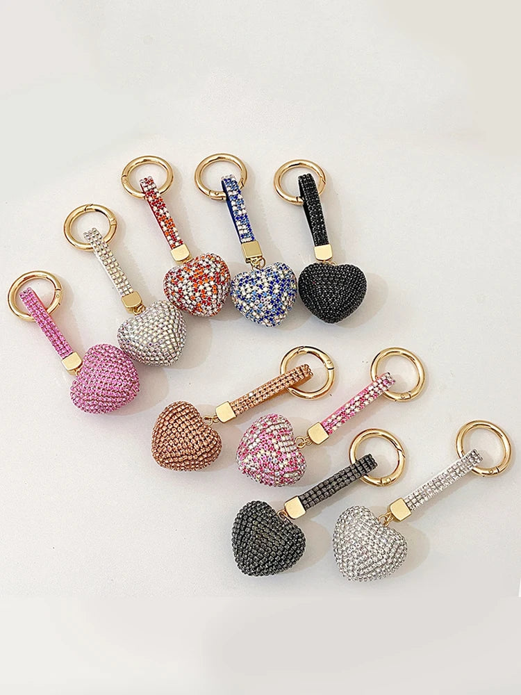 Light Luxury Multi-color Love Heart Keychain Full Rhinestone Alloy Key Rings Women Handbag Pendant Creative Key Chains Gift