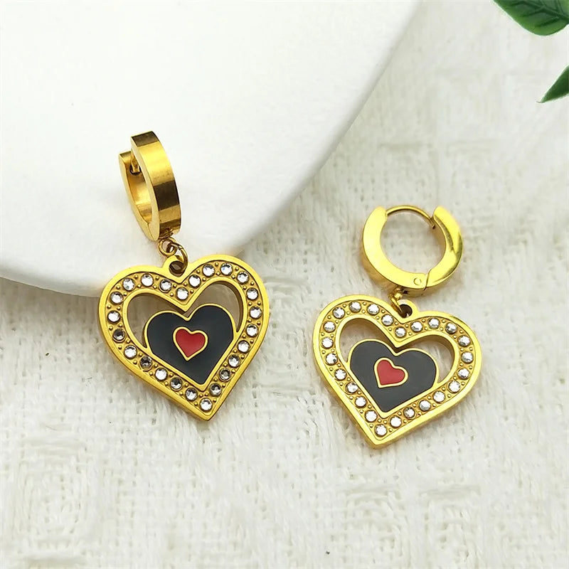 Trendy Double Love Heartbeat Heart Shape Earrings for Women Girls Enamel Stainless Steel Gold Color Gifts JewelryZZZ758-2