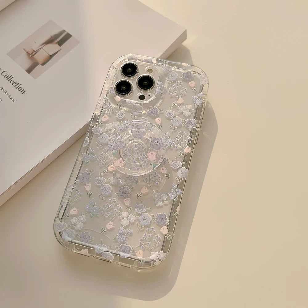 Transparent Flower Phone Case For iPhone 15 Pro Max 14 13 12 11 16 SE XR X XS 7 8 Plus Aesthetic Floral Cover Funda with Holder