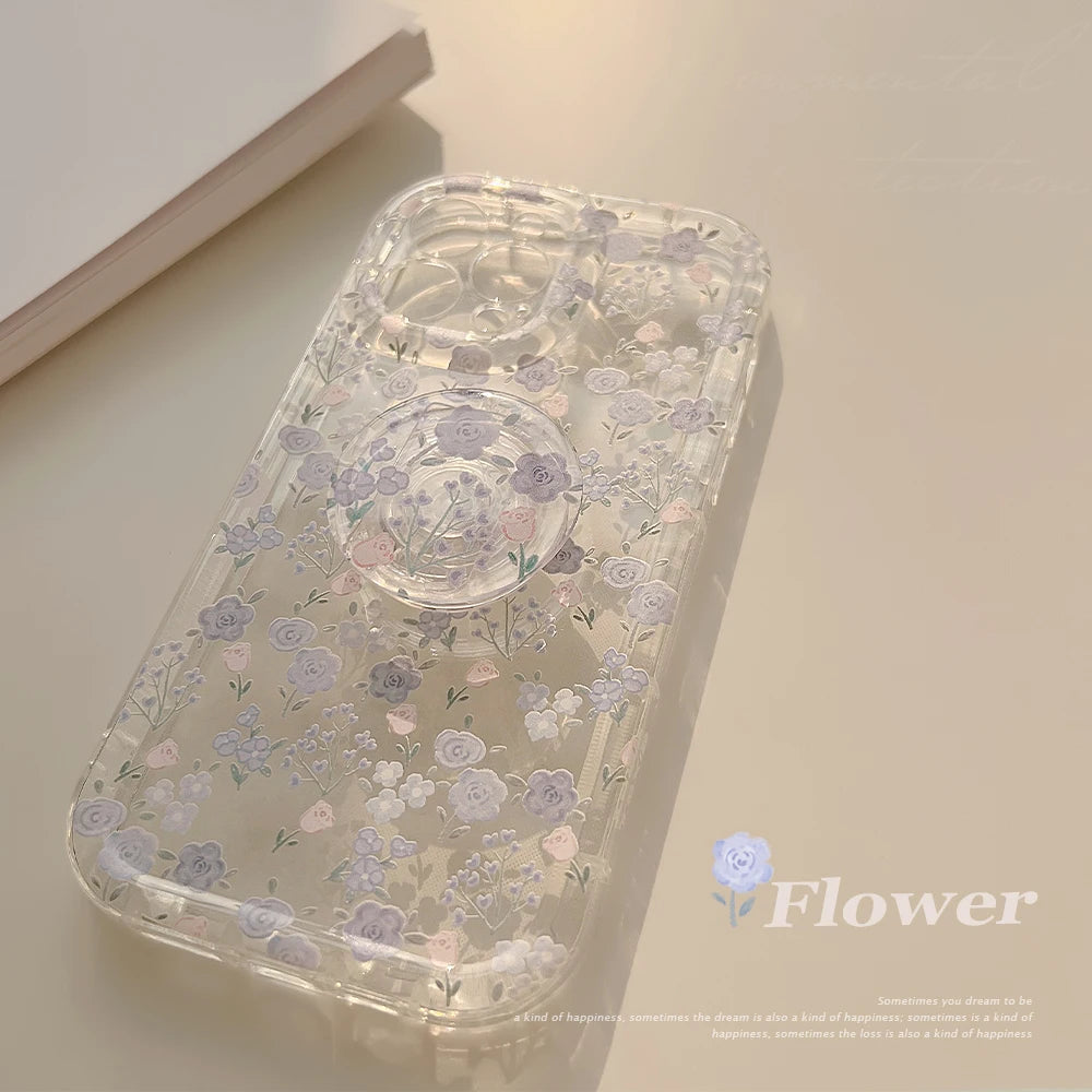 Transparent Flower Phone Case For iPhone 15 Pro Max 14 13 12 11 16 SE XR X XS 7 8 Plus Aesthetic Floral Cover Funda with Holder