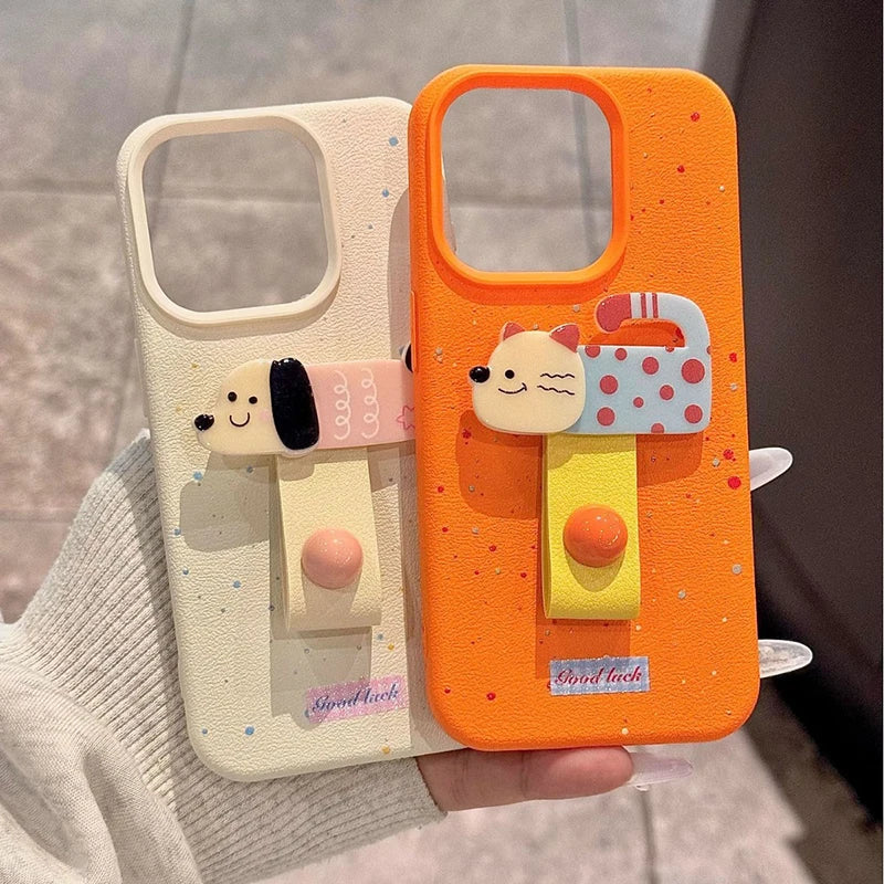 Korean Cute 3D Dog Cat Rabbit Finger Ring Support Phone Case For iPhone 16 15 14 13 11 12 Pro Max Plus X XS Holder Stand Cover