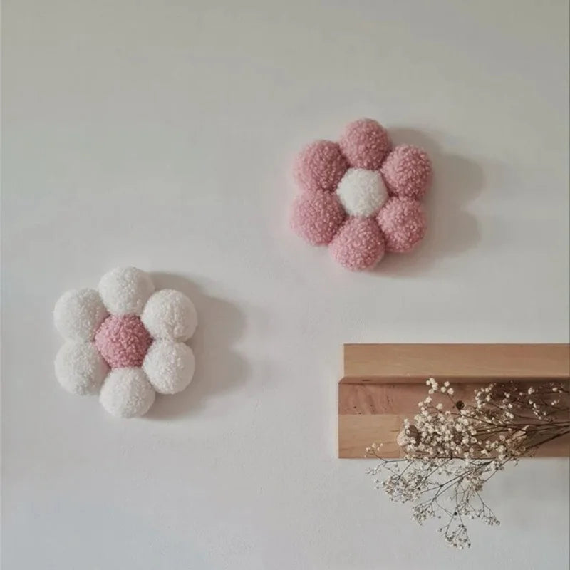 INS Boho Handmade Macrame Daisy Flower Pompom Pink Wall Decoration Nordic Yarn Sticker for Kids Room Nursery Decor Photo Props