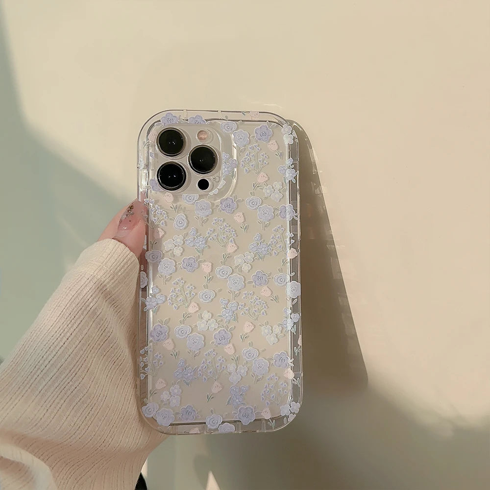 Transparent Flower Phone Case For iPhone 15 Pro Max 14 13 12 11 16 SE XR X XS 7 8 Plus Aesthetic Floral Cover Funda with Holder