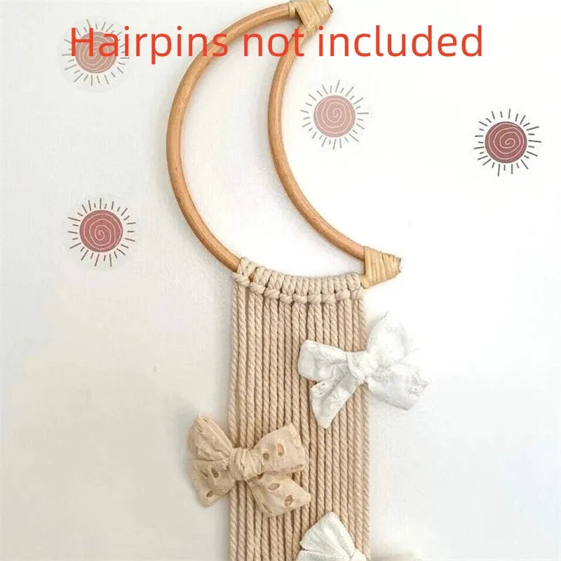 Nordic Rattan Moon Baby Hair Clip Holder Princess Girls Hairpins Hairband Storage Belt Pendant Jewelry Organizer Wall Decoration