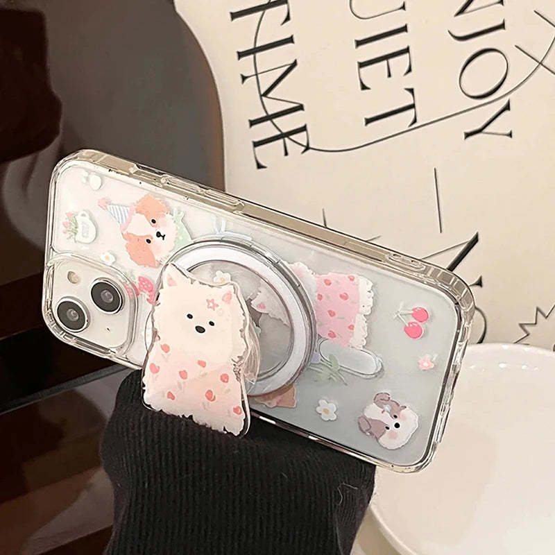 Cute Dog Flower Magsafe Case For iPhone 16 Pro Max 15 11 12 13 14 Pro XS Max X XR 7 8 Plus Magnetic Stand Holder PC Clear Cover