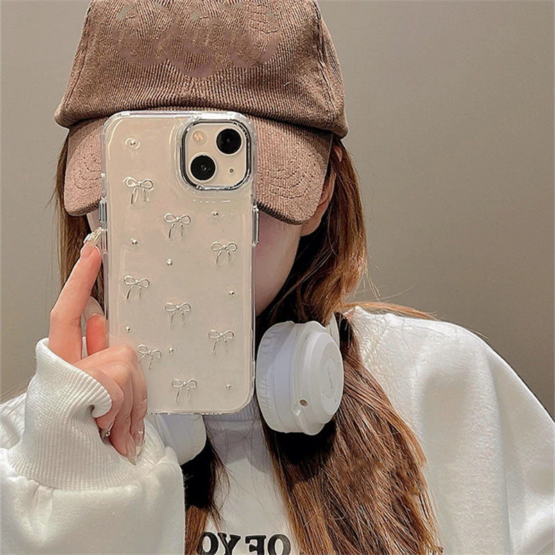 INS Korea Glitter 3D Silver Bow Beads Phone Case For iPhone 16 15 14 13 12 11 Pro Max 7 8 Plus X XS Epoxy Shell Girl Clear Cover