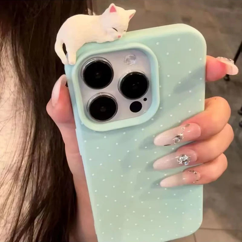 Korea Lovely Polka Dot Pattern Soft Phone Case For iPhone 16 15 14 13 12 Pro Max Plus X XR Cute 3D Cartoon Cat Shockproof Cover