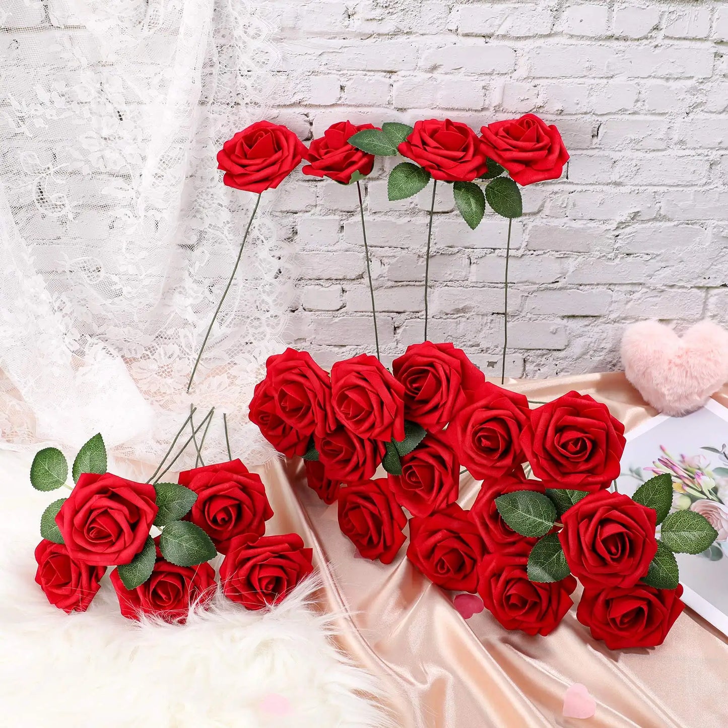 25/10PCS Artificial Flowers Red Rose Real Looking Fake Roses W/Stem for DIY Wedding Bouquets Party Christmas Home Decorations