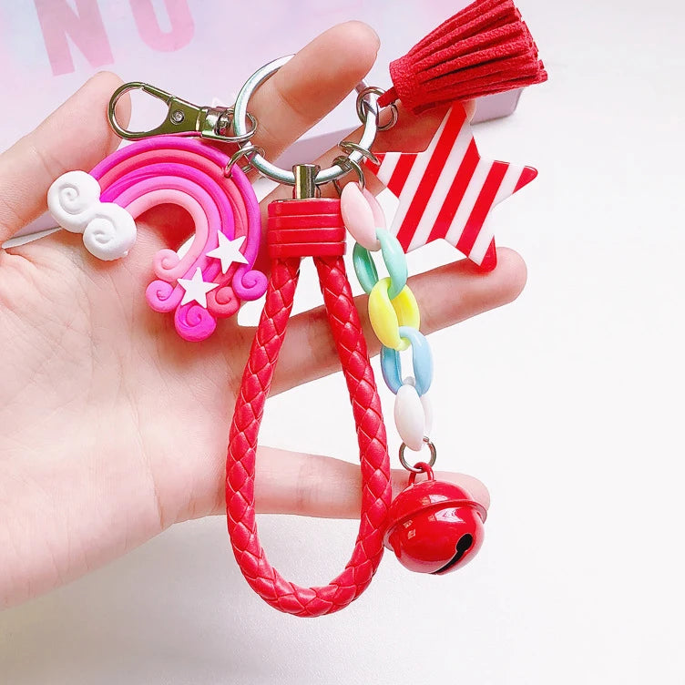 New Lovely Cute Rainbow Key Chain Leather Strap Braided Rope Tassel Keychain for Women Girl Bell Star Lollipop Bag Accessories