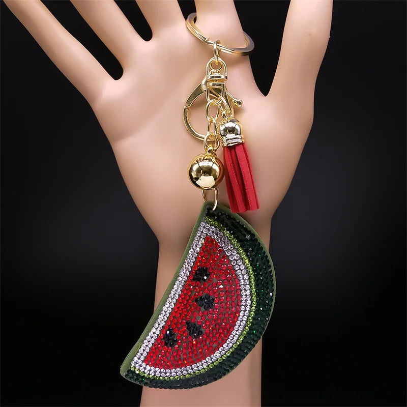 Cute Watermelon Fruits Keyrings for Women Men Gold Color Key Ring School Bag Pendant Accessories Jewelry porte clef ZZZ5110